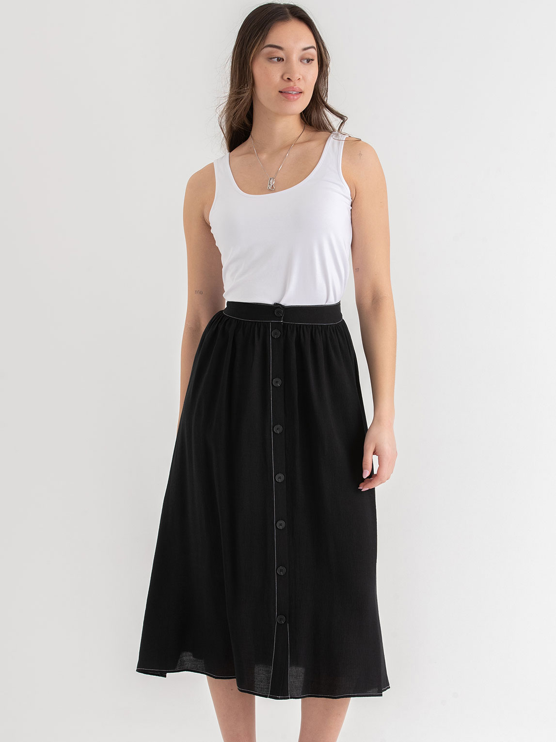 Button Front Midi Skirt