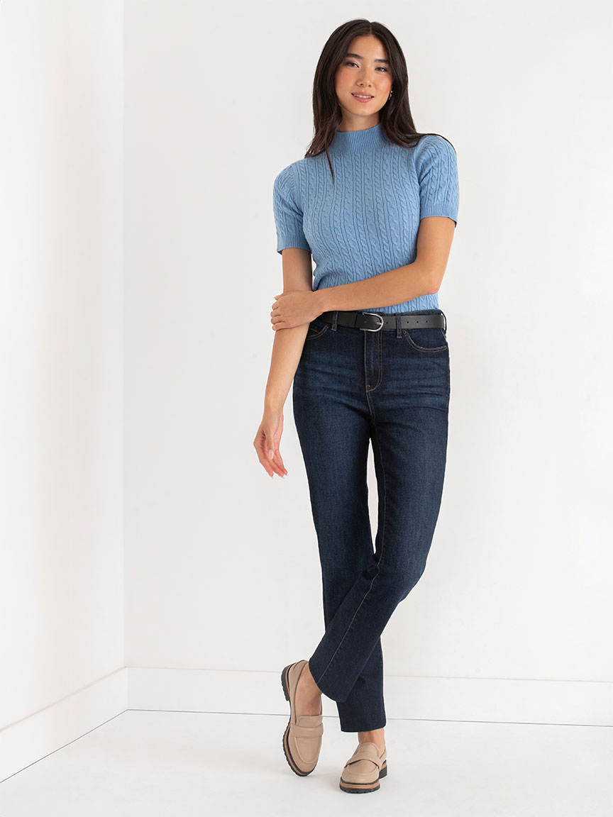 Mock Neck Elbow Sleeve Cable Sweater
