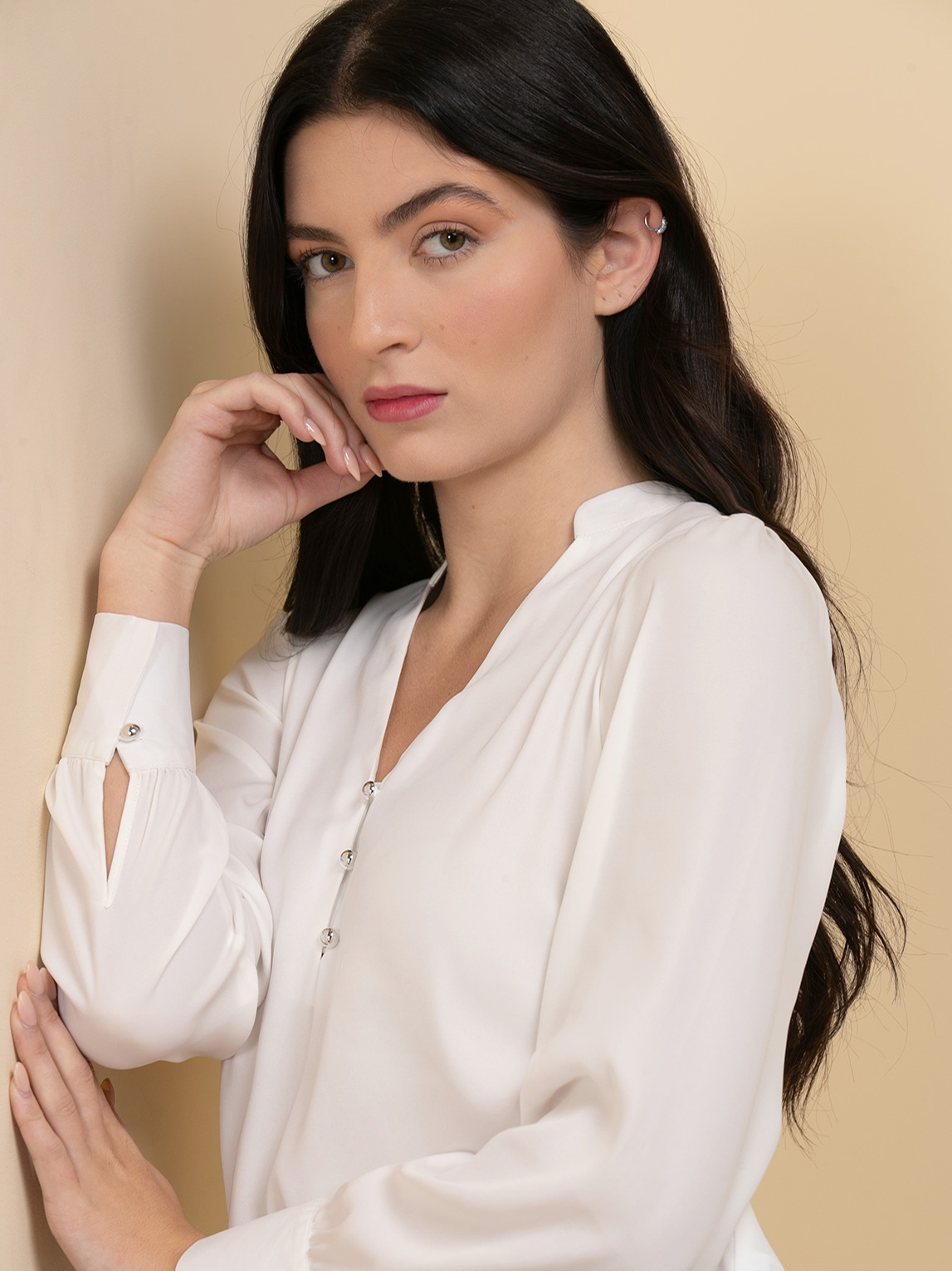 Long Sleeve V-Neck Blouse with Silver Buttons
