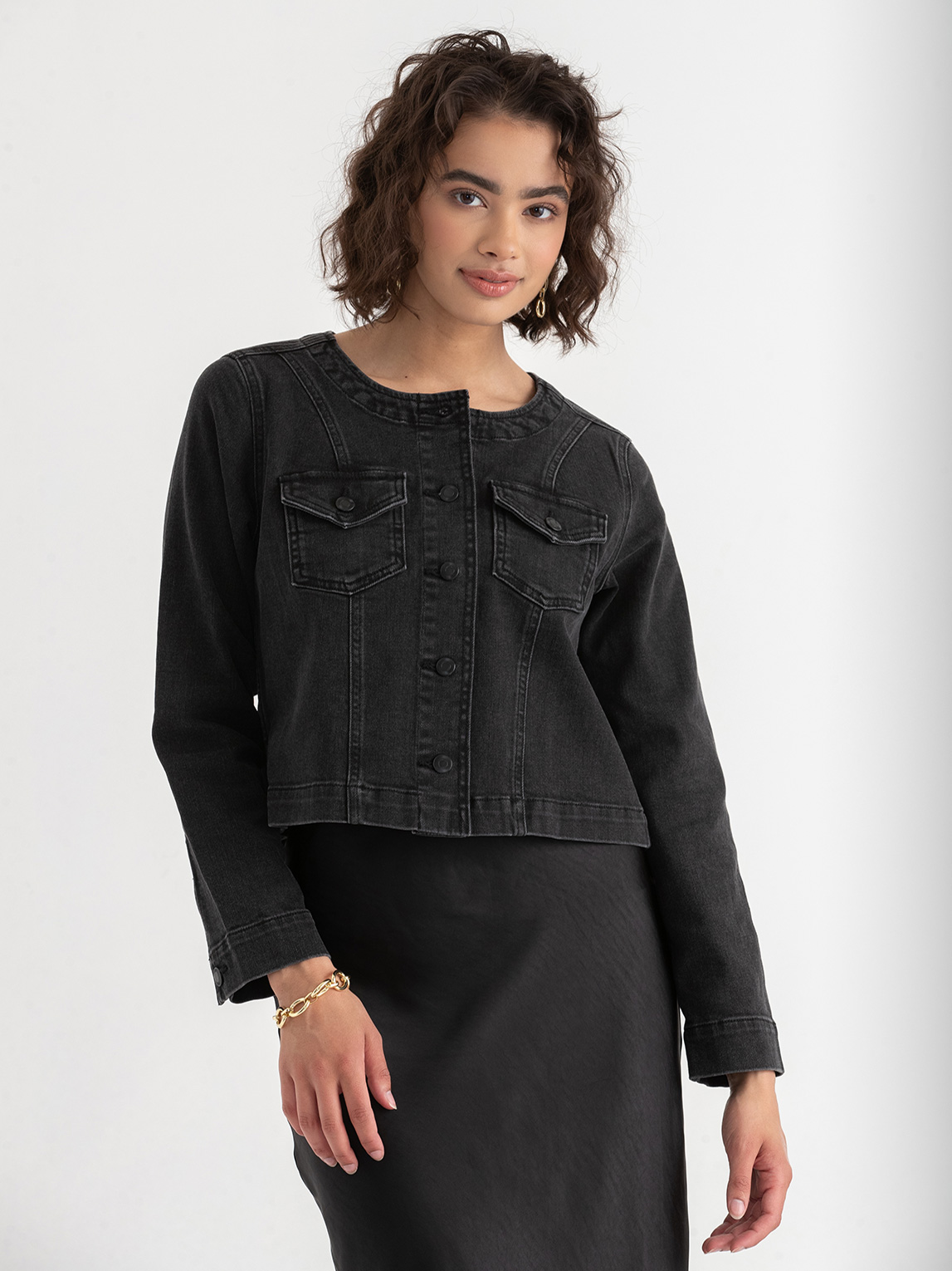 Collarless Denim Jacket