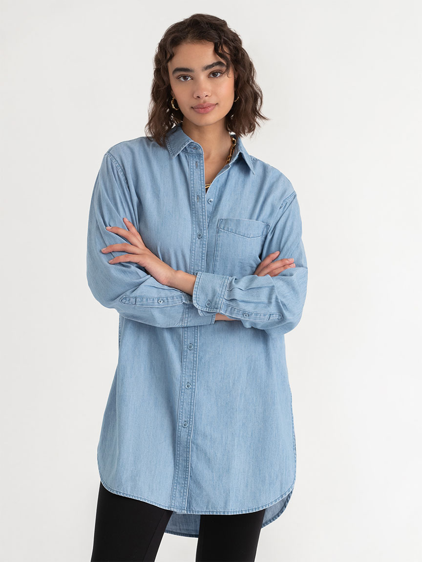 Relaxed Tunic Length Button Up Shirt