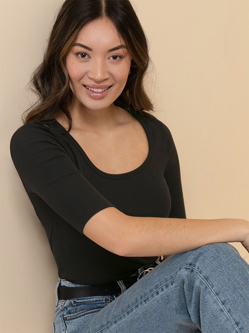 Ribbed Scoop Neck Top with Elbow Sleeves