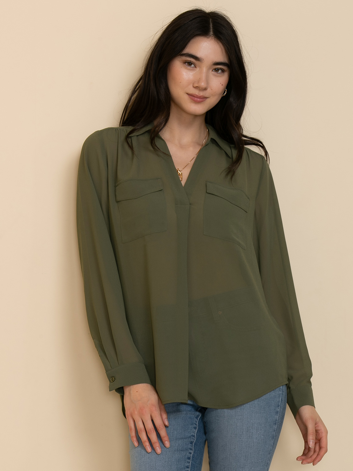 Long Sleeve Sheer Utility Blouse