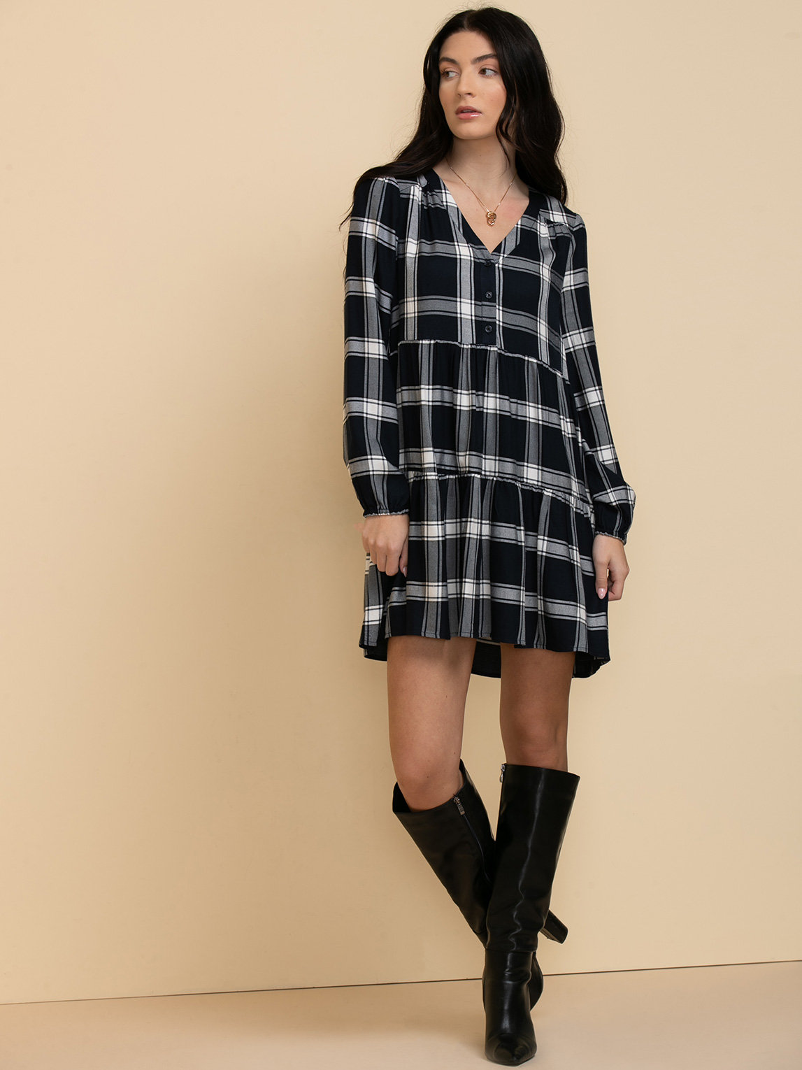 Long Sleeve Plaid Tiered Dress