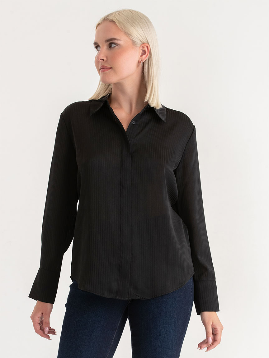 Striped Waist Tie Collared Blouse