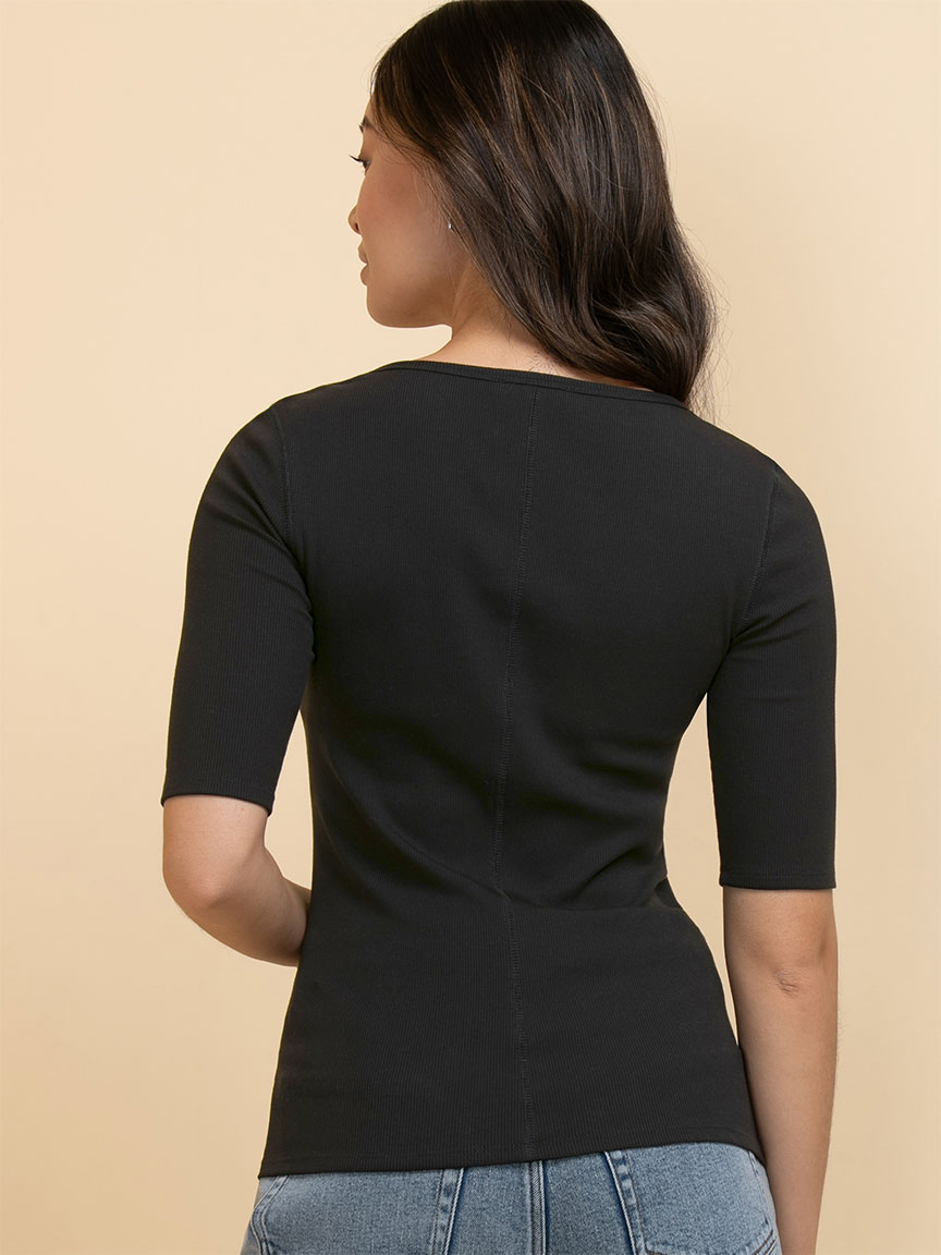Ribbed Scoop Neck Top with Elbow Sleeves