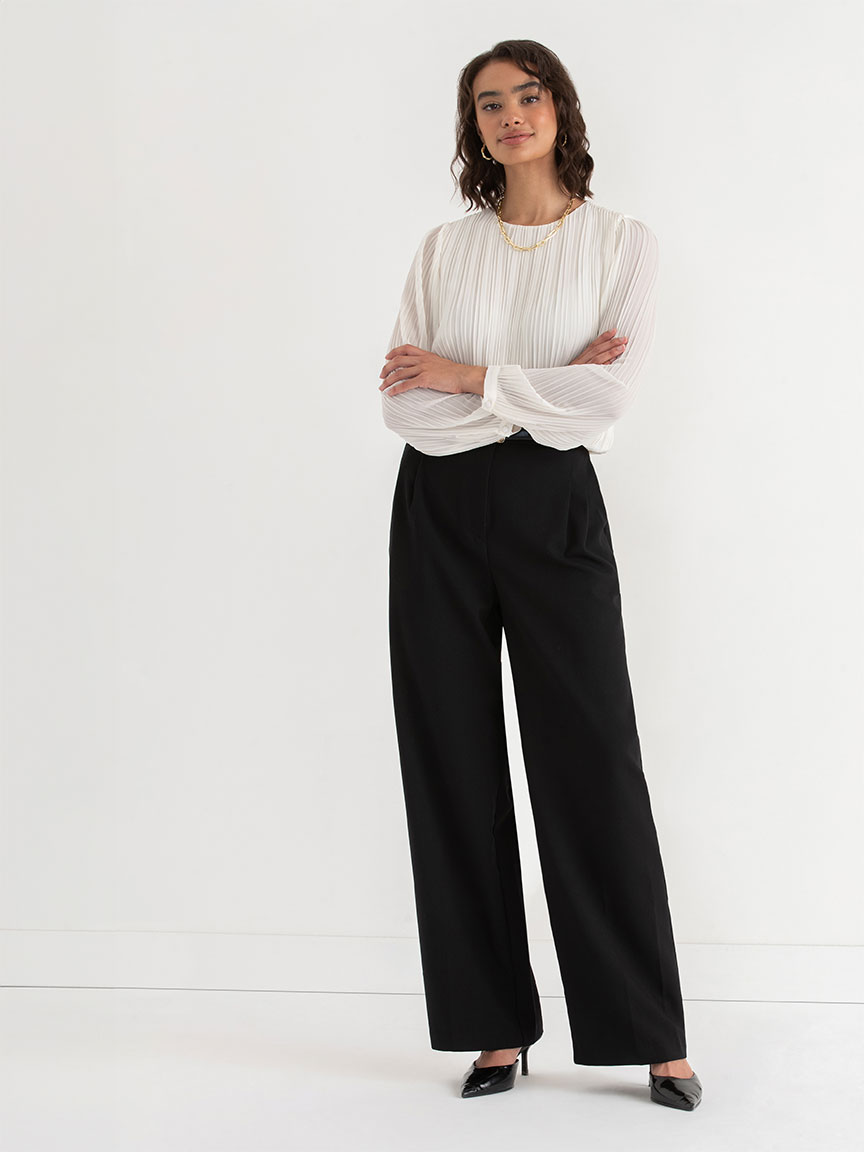 Long Sleeve Box Pleat Chiffon Blouse