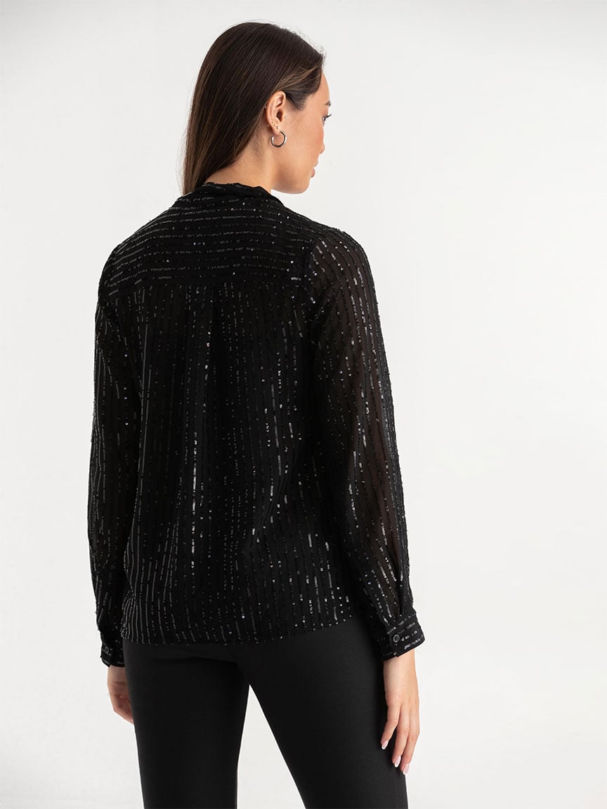 Pinstripe Sequin Blouse with Neck Tie