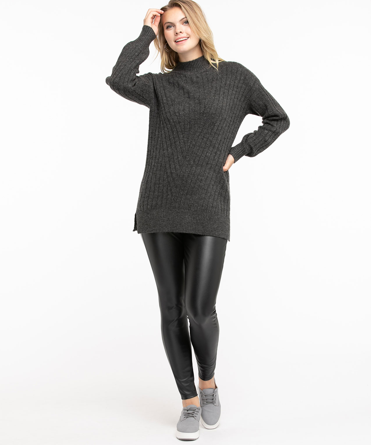 Ribbed Mock Neck Tunic Sweater