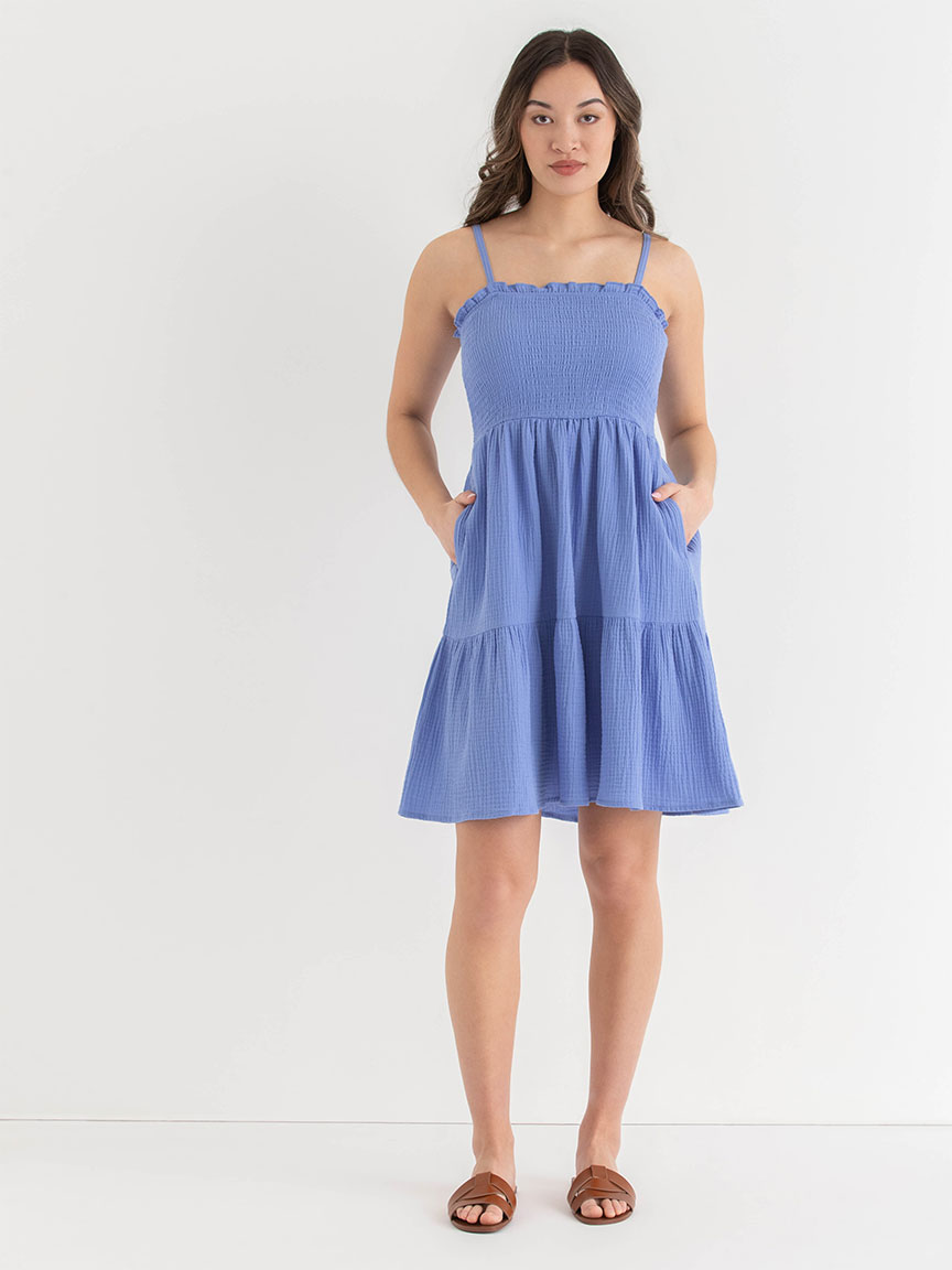 Smocked Bodice Tiered Dress Crinkle Cotton