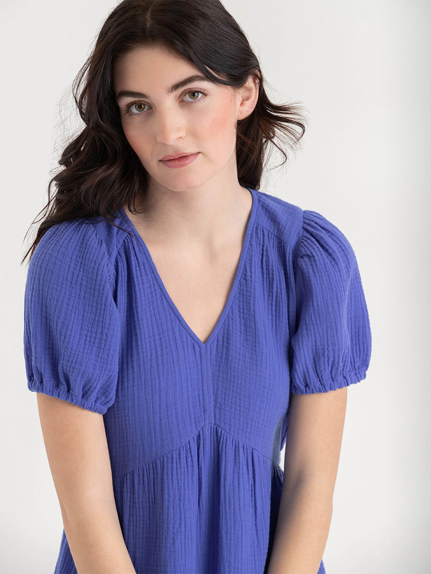 Puff Sleeve Tiered Dress Crinkle Cotton