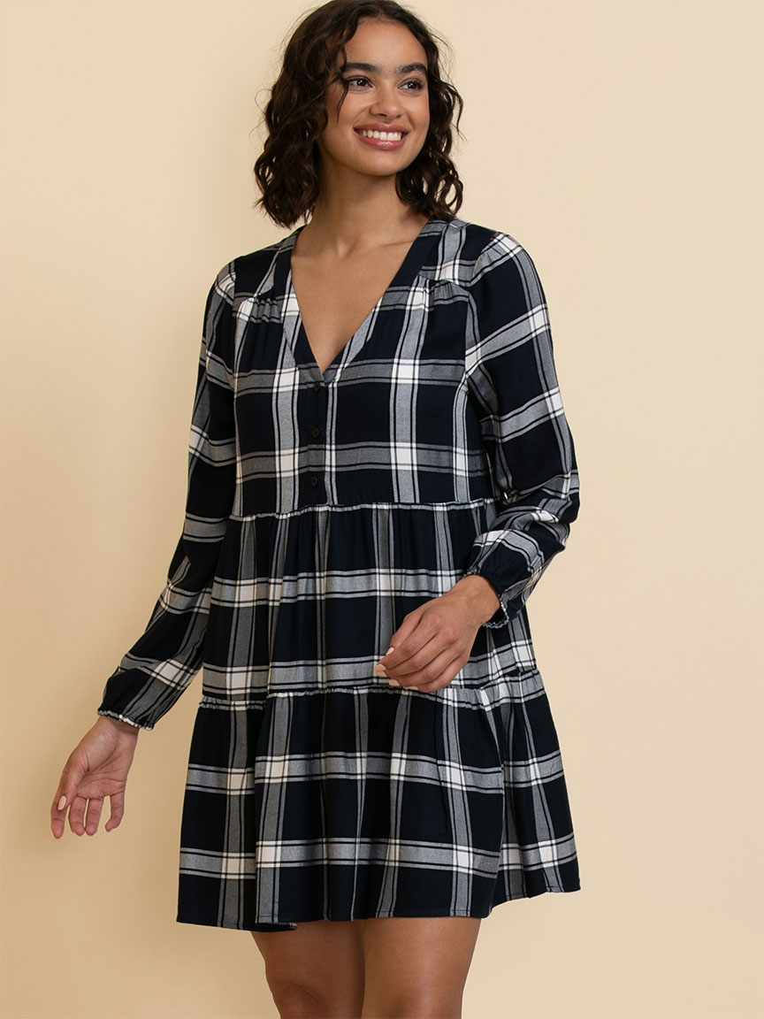 Long Sleeve Plaid Tiered Dress