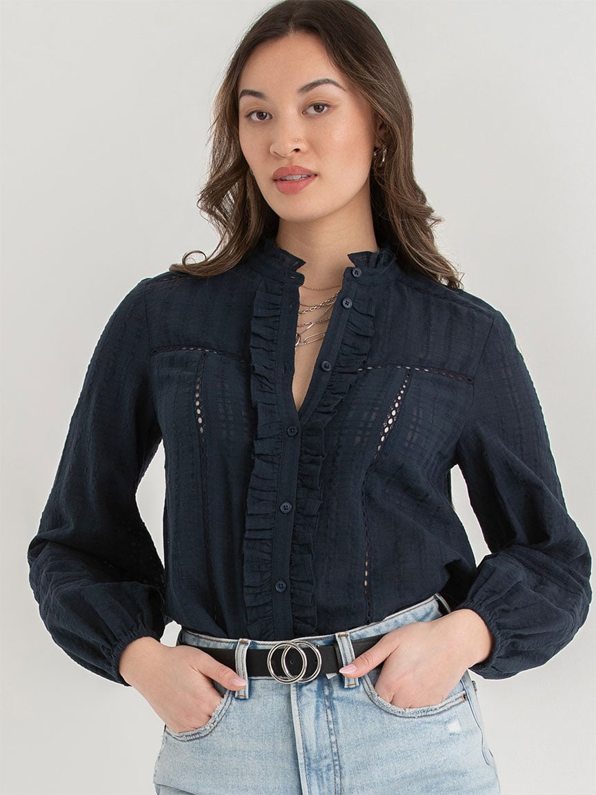 Ruffle Eyelet Long Sleeve Blouse