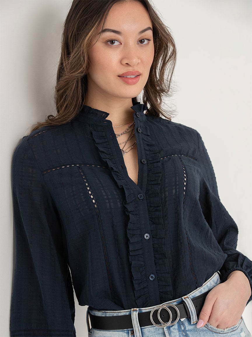 Ruffle Eyelet Long Sleeve Blouse