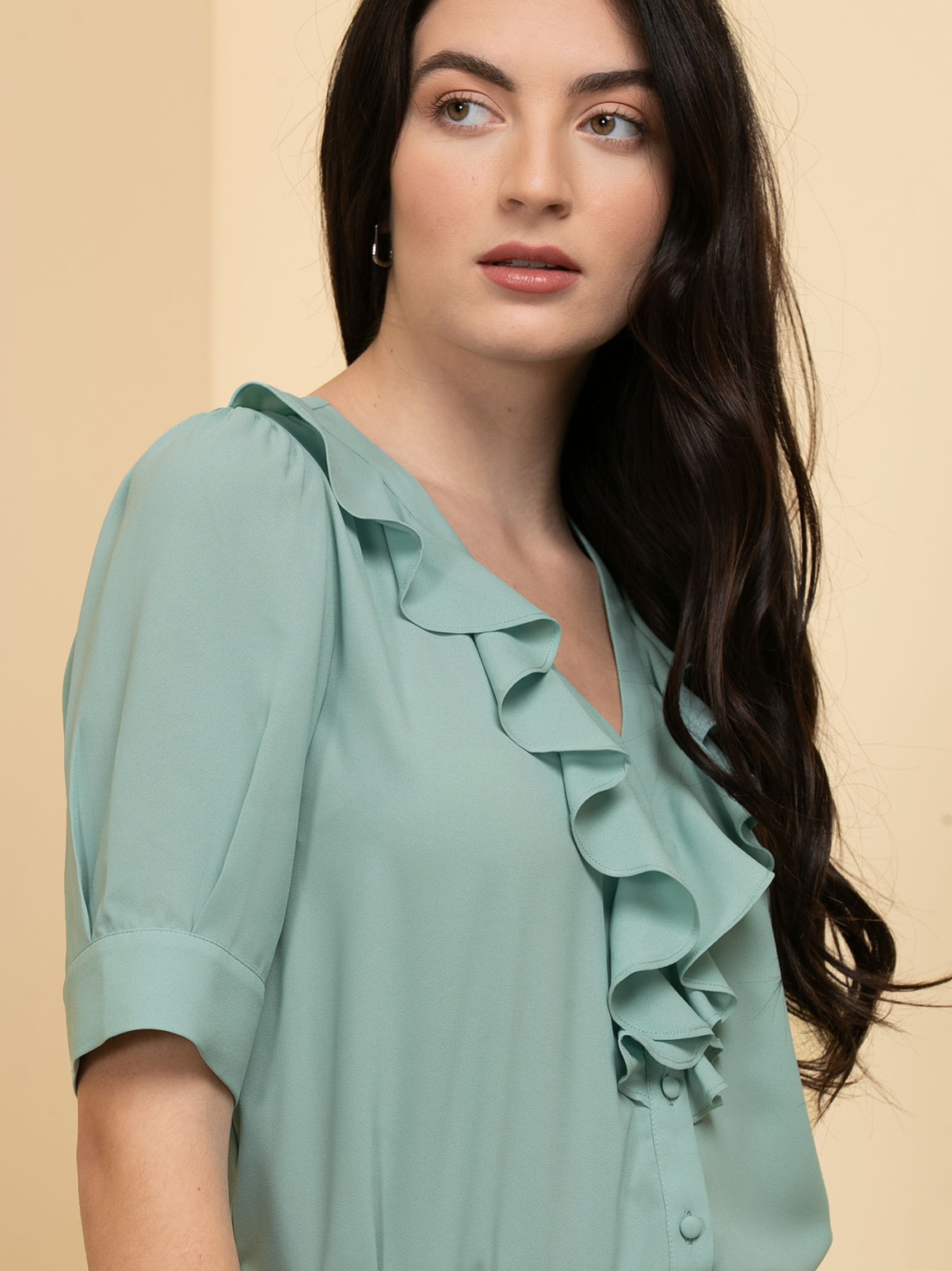 Elbow Sleeve Ruffle Front Blouse