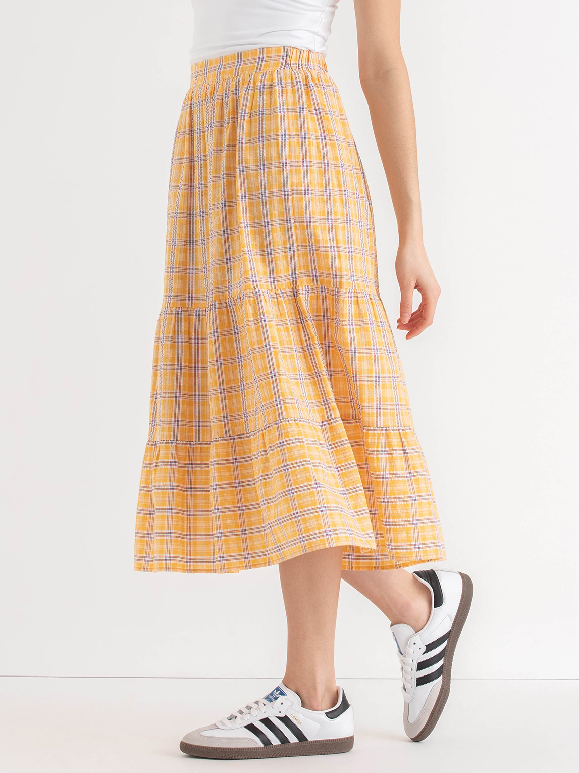 Tiered Yellow Plaid Midi Skirt