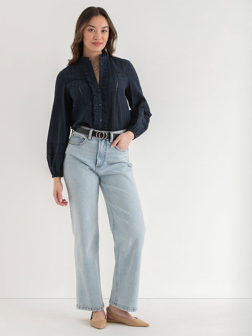 Ruffle Eyelet Long Sleeve Blouse