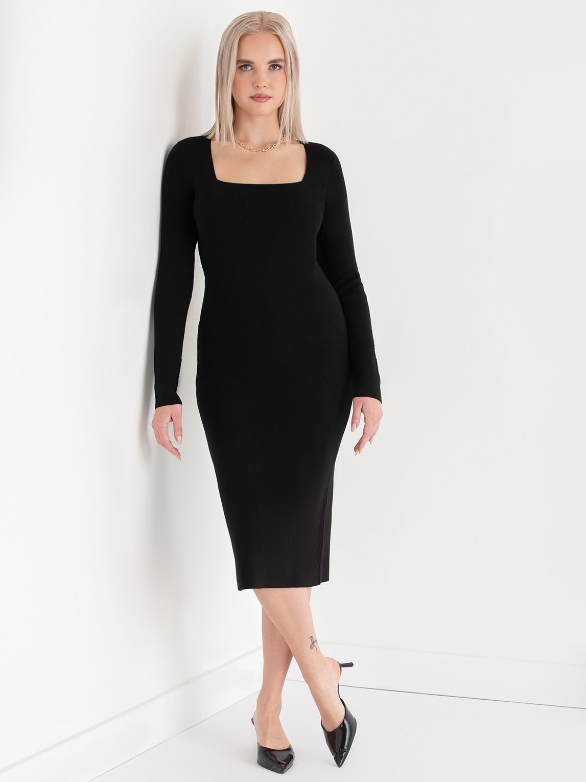 Square Neck Ribbed Sweater Dress