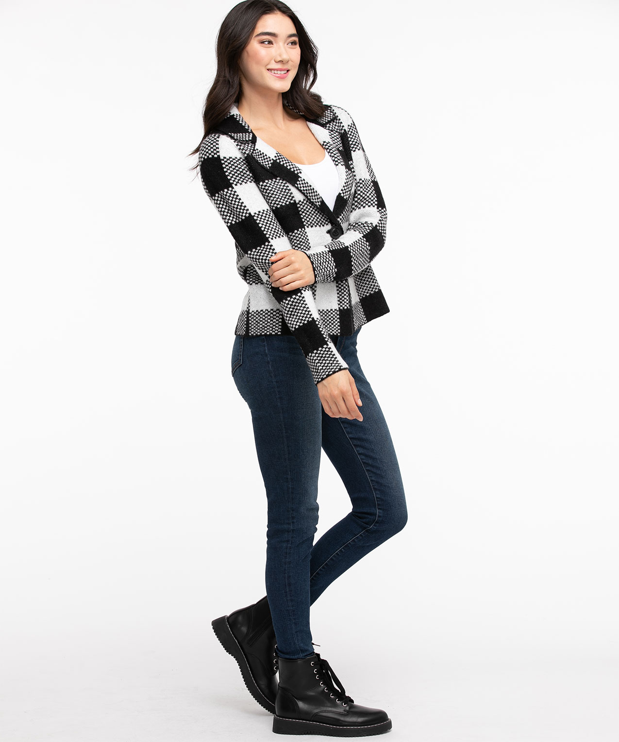 One-Button Plaid Sweater Jacket