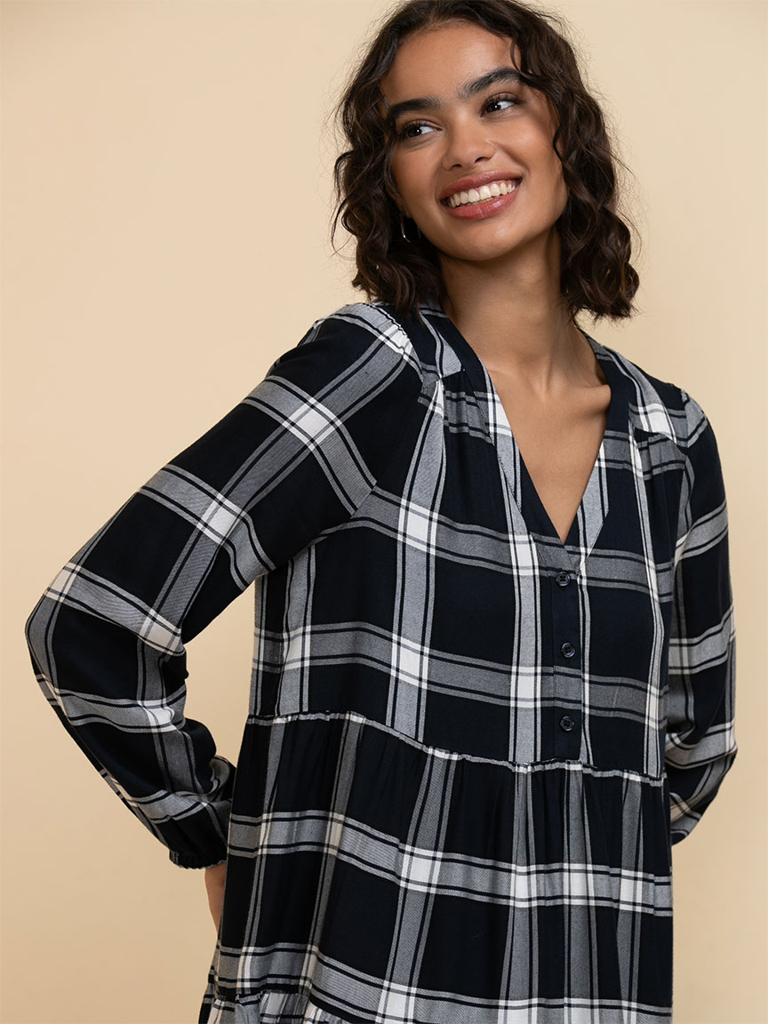 Long Sleeve Plaid Tiered Dress