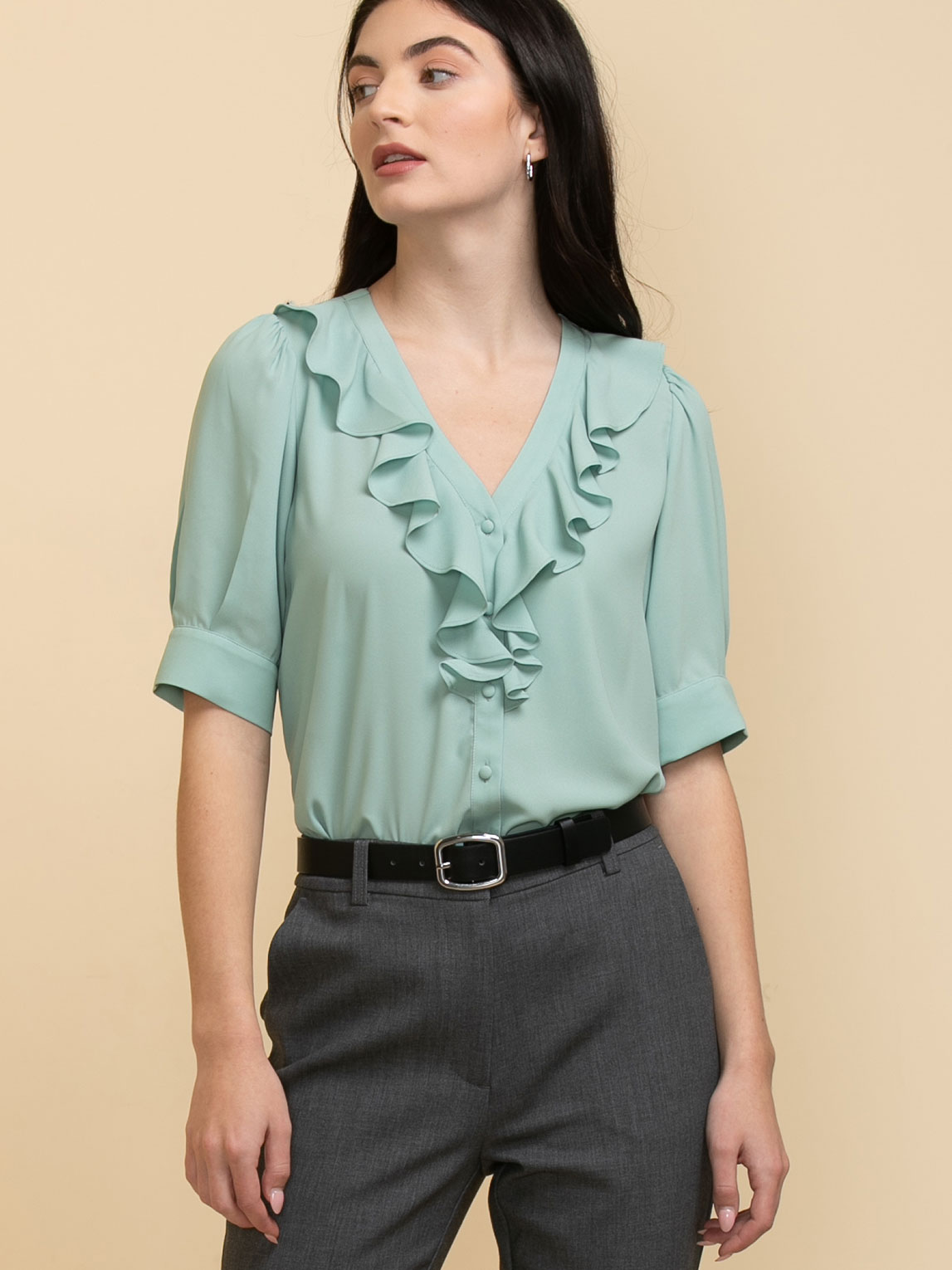 Elbow Sleeve Ruffle Front Blouse