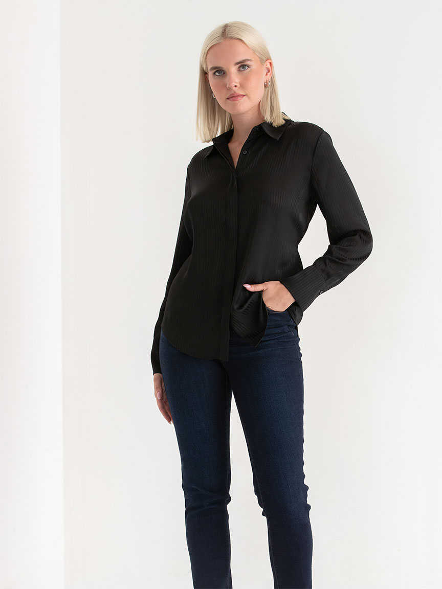 Striped Waist Tie Collared Blouse