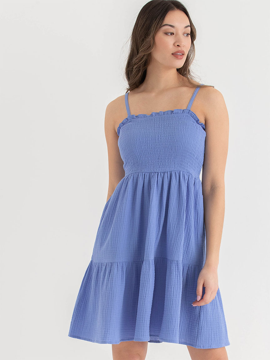 Smocked Bodice Tiered Dress Crinkle Cotton