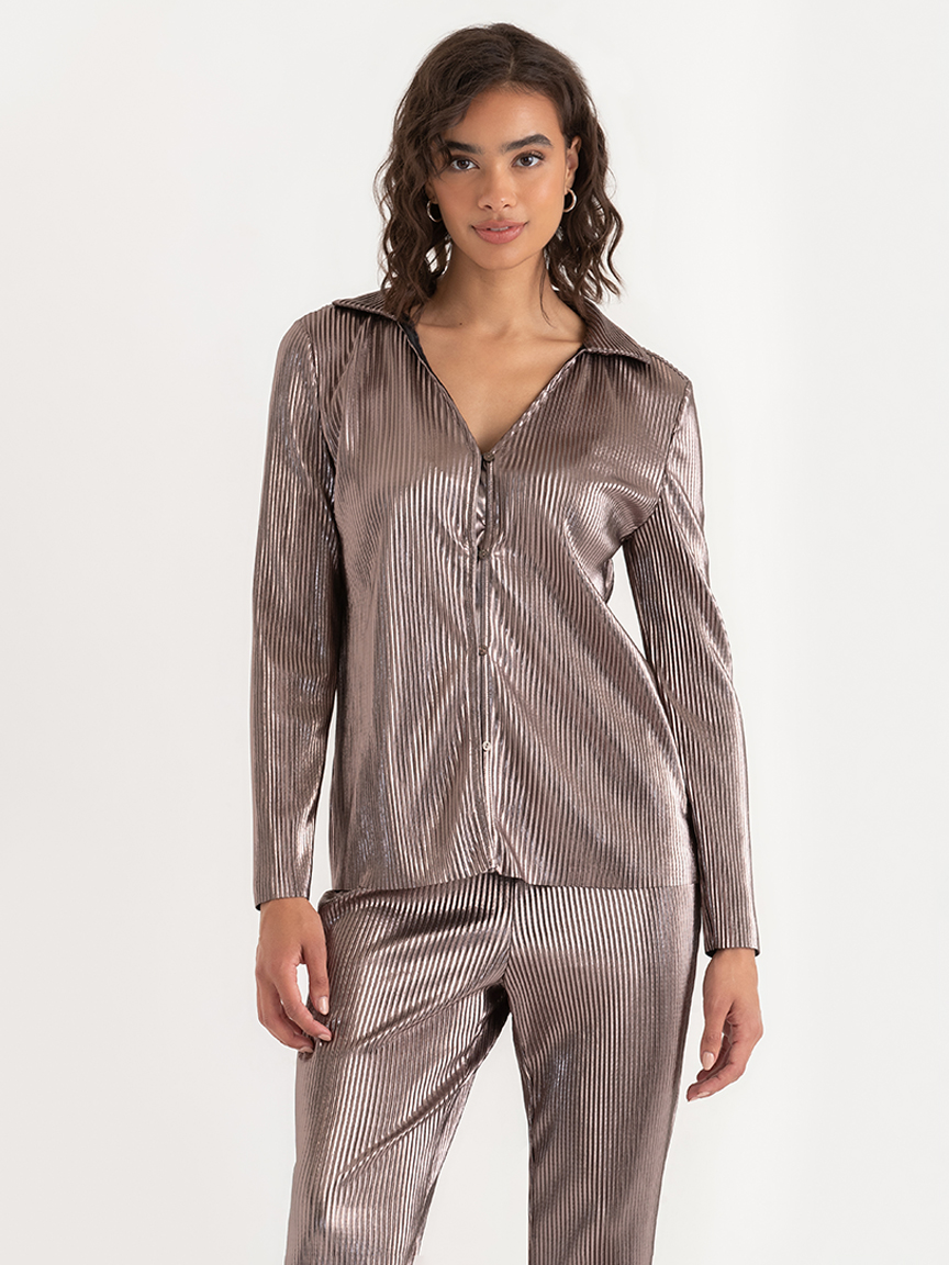 Plisse Button-Up Blouse