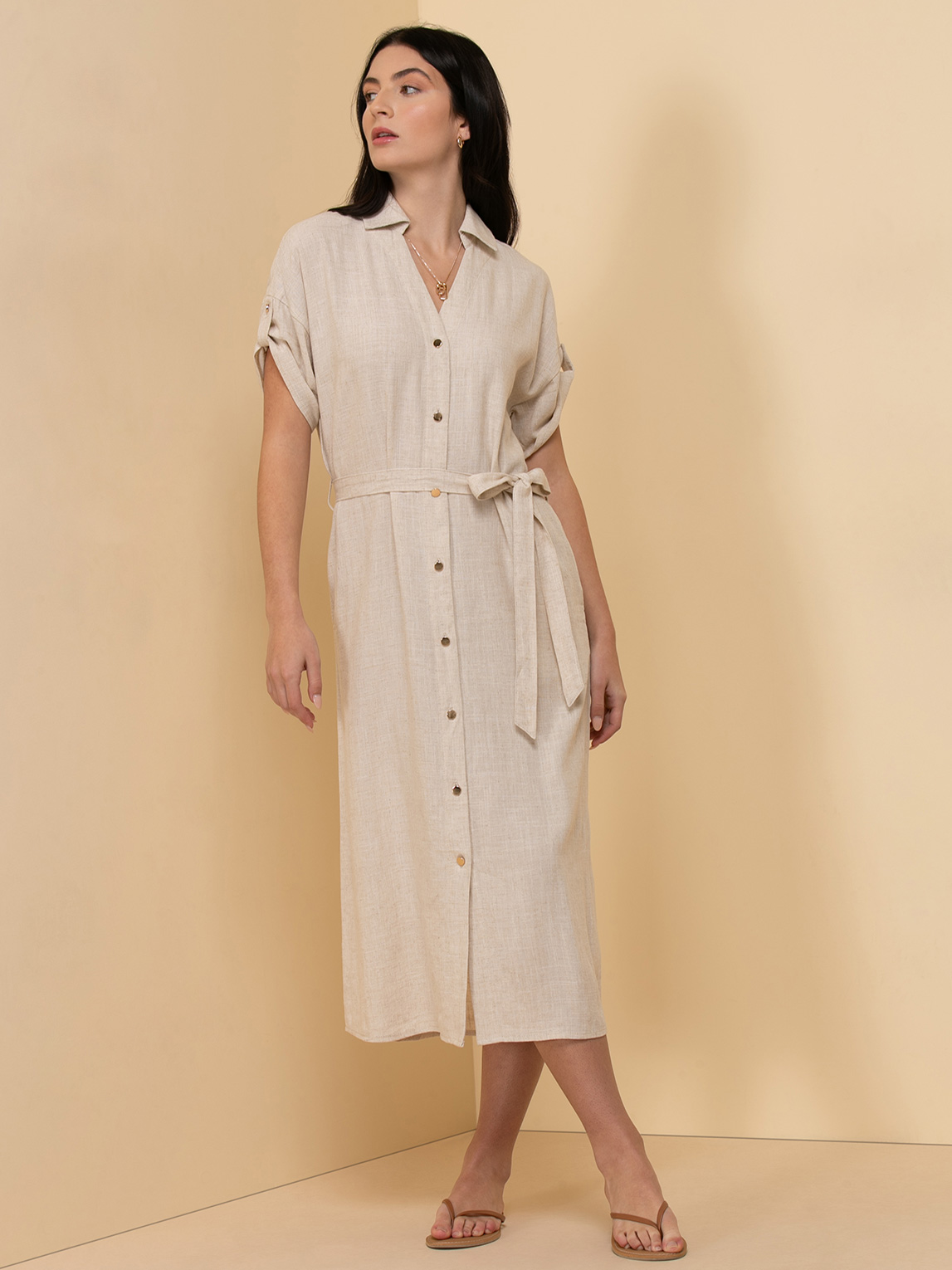 Linen Shirtdress with Roll Sleeves