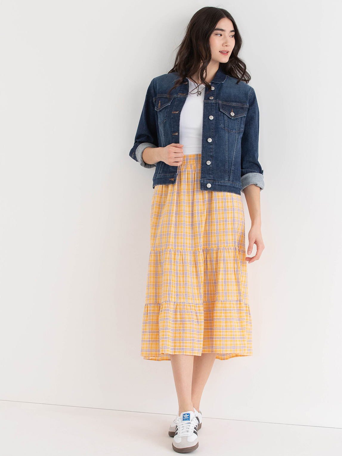 Tiered Yellow Plaid Midi Skirt