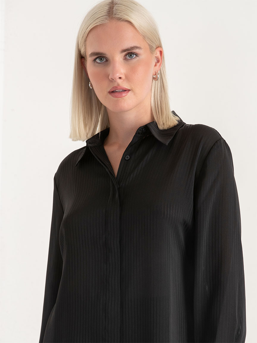 Striped Waist Tie Collared Blouse