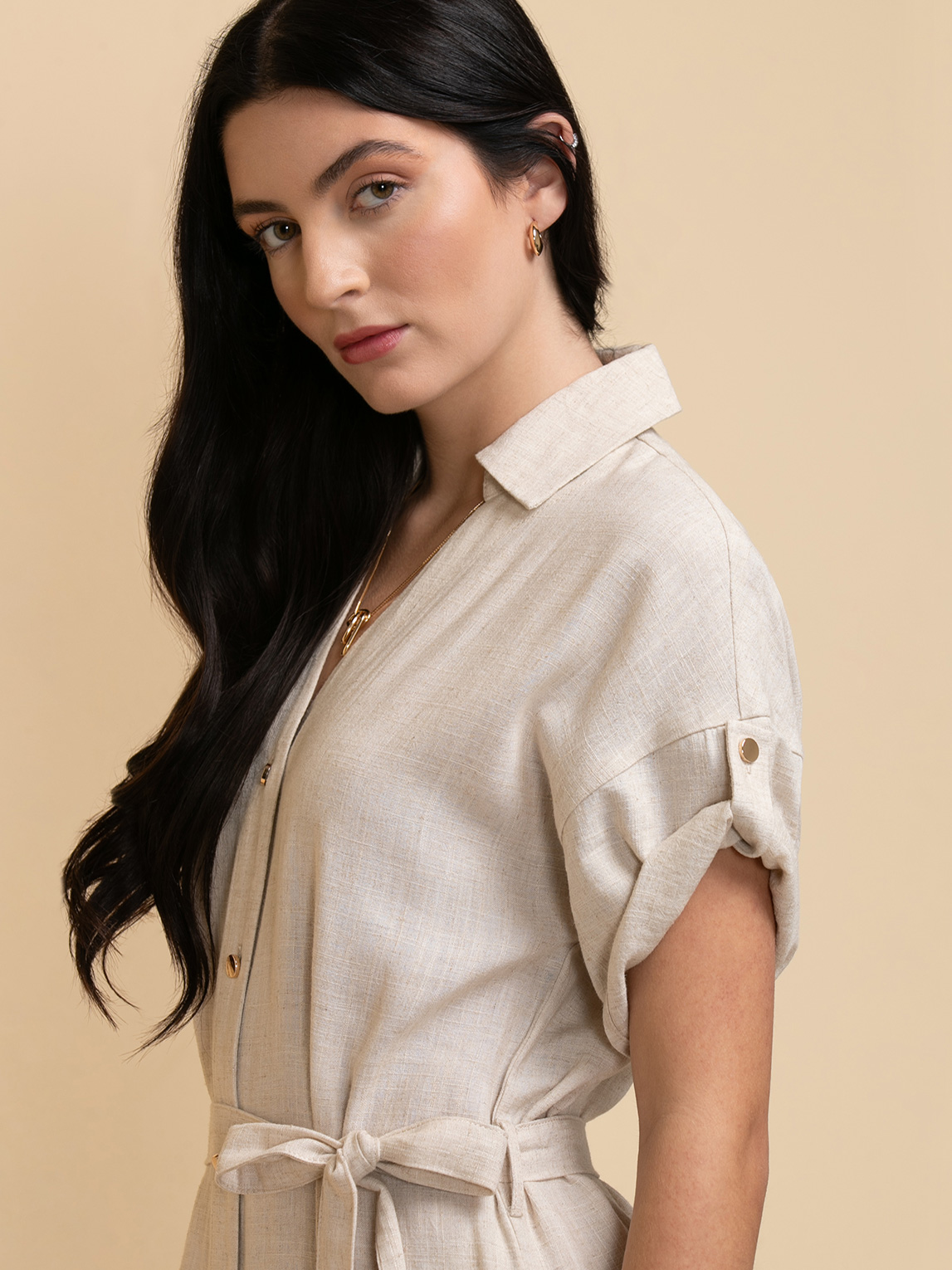 Linen Shirtdress with Roll Sleeves