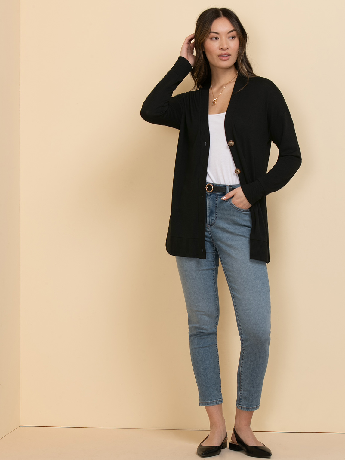 Long Button-Front Cardigan