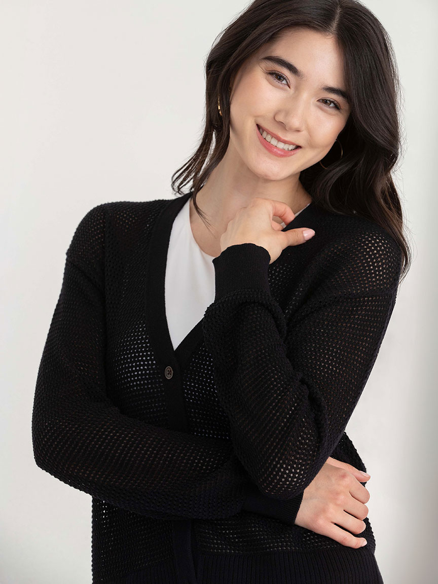 Open-Stitch Button-Front Cardigan