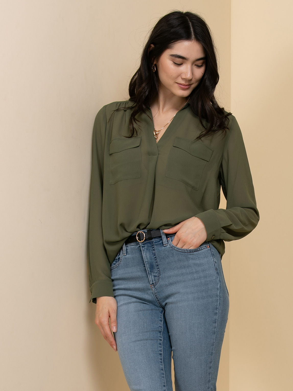Long Sleeve Sheer Utility Blouse