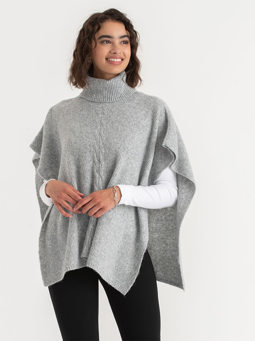 Turtleneck Poncho Sweater with Cable Knit Detail