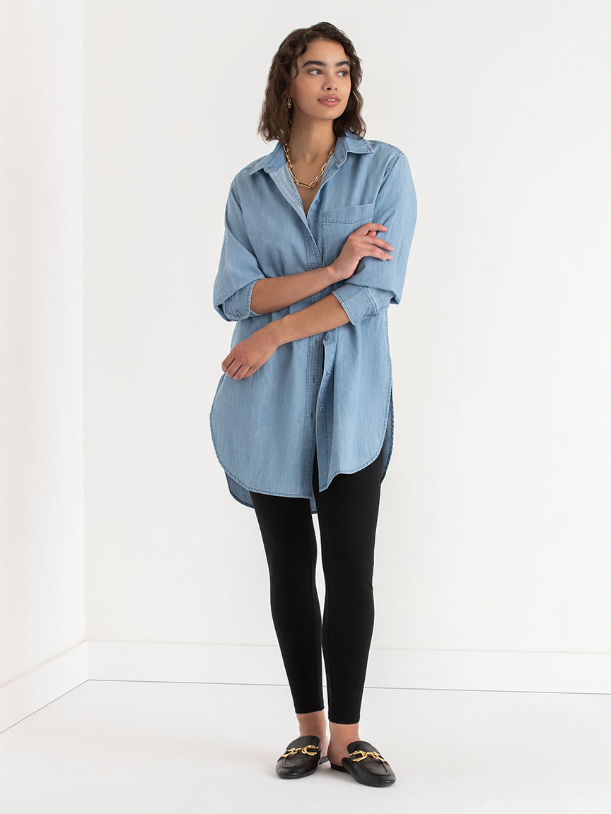 Relaxed Tunic Length Button Up Shirt